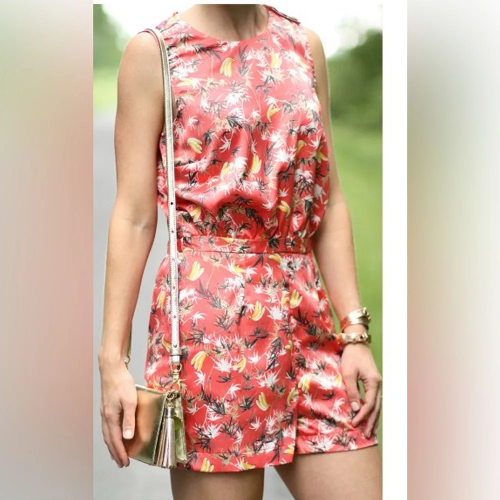Peter Som For Design Nation Tropical Banana Print Satin Coral Romper Size 14 - Picture 3 of 9